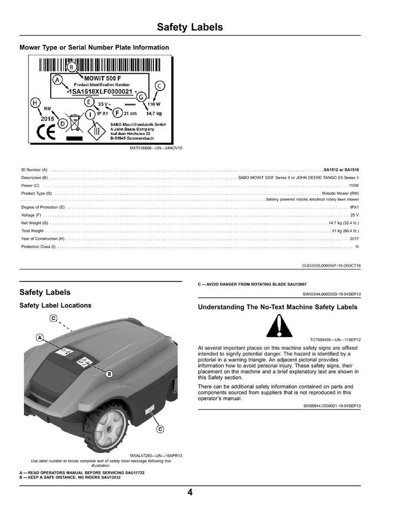 May include: Image of a robotic lawn mower with safety labels. The mower is grey and black with a wheel visible. Safety information includes voltage, weight, and a warning about rotating blades. Text includes "Safety Labels" and "MOWIT 500 F".