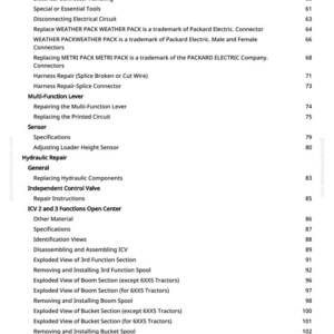 Pode incluir: Uma p&aacute;gina de manual com um &iacute;ndice. O texto inclui se&ccedil;&otilde;es sobre reparos el&eacute;tricos, reparos hidr&aacute;ulicos e especifica&ccedil;&otilde;es de sensores. Os n&uacute;meros das p&aacute;ginas est&atilde;o listados &agrave; direita.