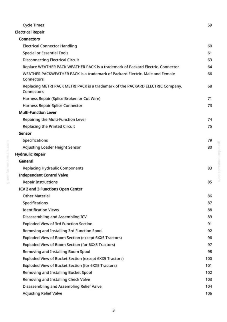 Pode incluir: Uma p&aacute;gina de manual com um &iacute;ndice. O texto inclui se&ccedil;&otilde;es sobre reparos el&eacute;tricos, reparos hidr&aacute;ulicos e especifica&ccedil;&otilde;es de sensores. Os n&uacute;meros das p&aacute;ginas est&atilde;o listados &agrave; direita.