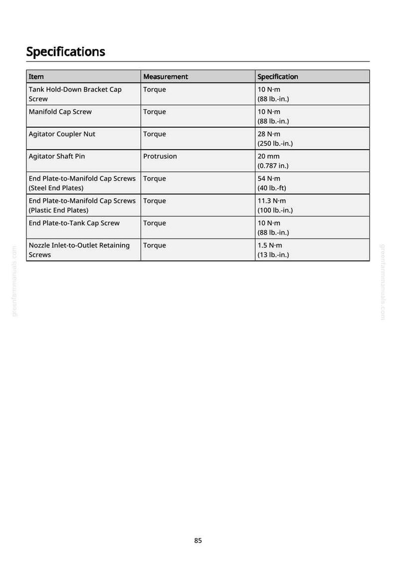 May include: A white table detailing specifications, with a black header reading "Specifications". The table lists items such as "Tank Hold-Down Bracket Cap Screw" and their measurements in N-m and lb.-in.