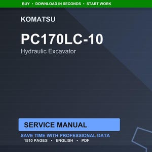Op de afbeelding: Een digitale afbeelding met de servicehandleiding voor de Komatsu PC170LC-10 hydraulische graafmachine. De tekst bevat "SERVICE MANUAL" en "SAVE TIME WITH PROFESSIONAL DATA". De handleiding heeft 1510 pagina's en is in het Engels, PDF-formaat.
