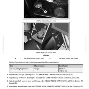 Pu&ograve; includere: Schema dei componenti di montaggio della cabina, con viti anteriori e posteriori, etichettati A e B. Una tabella fornisce le specifiche per le viti di fissaggio della cabina, inclusa la coppia a 220 N&middot;m (162 lb.-ft.).