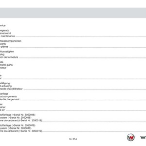 Puede incluir: Documento blanco y gris con el t&iacute;tulo "Inhaltsverzeichnis Contents Table des mati&egrave;res". Enumera elementos de servicio y motor, como "Service kit" y "Fuel system". El logotipo de Weidemann est&aacute; abajo.