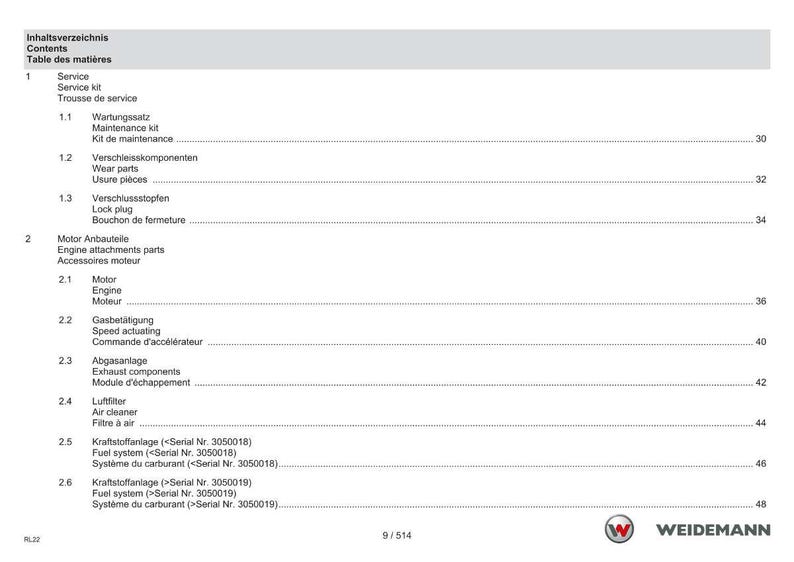 Puede incluir: Documento blanco y gris con el t&iacute;tulo "Inhaltsverzeichnis Contents Table des mati&egrave;res". Enumera elementos de servicio y motor, como "Service kit" y "Fuel system". El logotipo de Weidemann est&aacute; abajo.