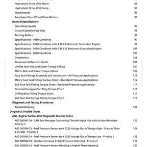 Puede incluir: P&aacute;gina de un manual de motor con tabla de contenidos y c&oacute;digos de diagn&oacute;stico. Texto negro sobre fondo blanco, con t&iacute;tulos y subt&iacute;tulos claros. Incluye especificaciones y valores de par para el mantenimiento.