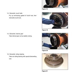 May include: Technical diagram showing the disassembly of a front axle. The images illustrate the removal of an O-ring, round bolts, internal gear, and rolling bearing. Text includes instructions and figure numbers.