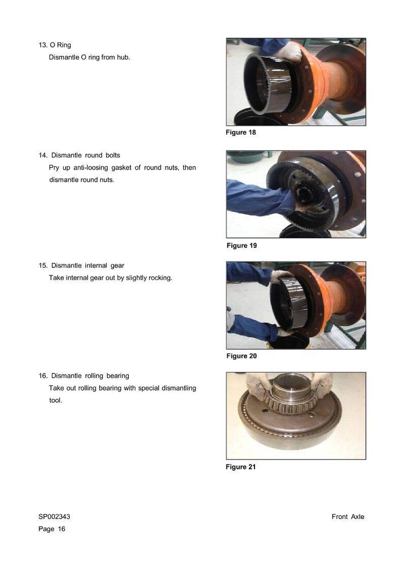 May include: Technical diagram showing the disassembly of a front axle. The images illustrate the removal of an O-ring, round bolts, internal gear, and rolling bearing. Text includes instructions and figure numbers.