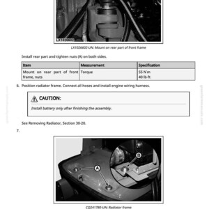 May include: Diagram of machinery components with labels and instructions. Includes close-up views of nuts and bolts, with torque specifications in lb-ft and N'm. Text includes warnings and assembly steps for the radiator frame.