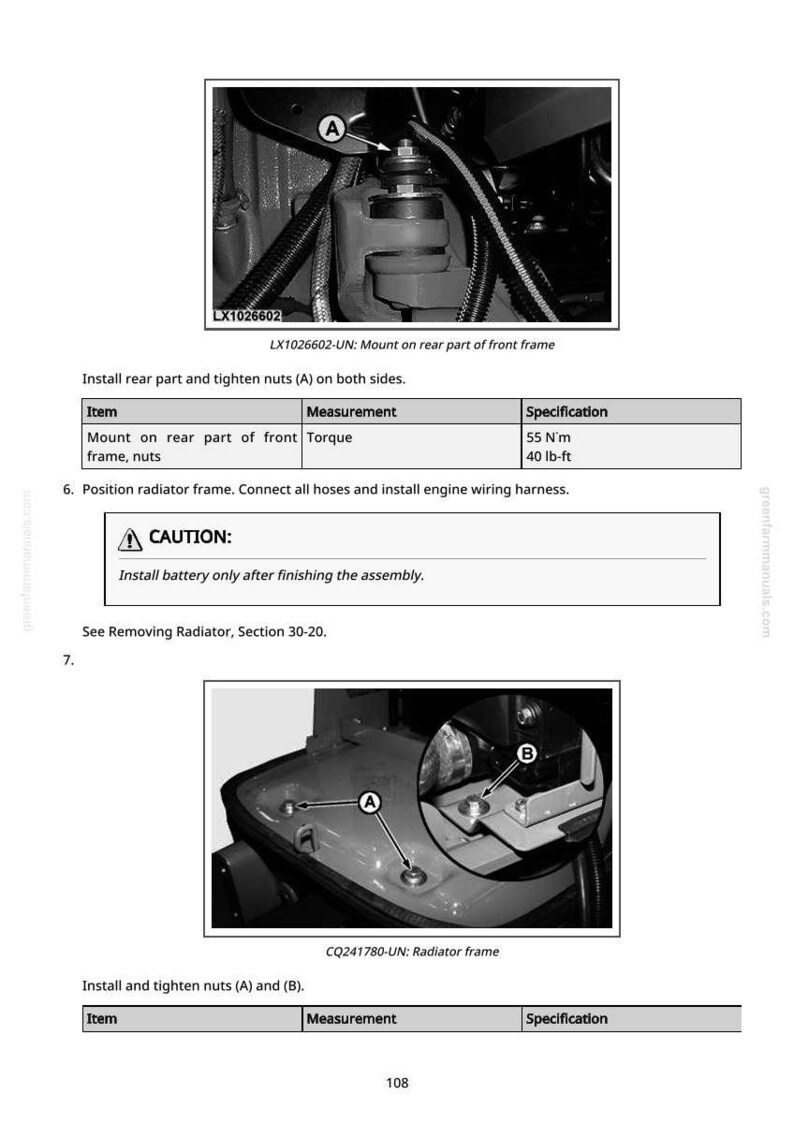 May include: Diagram of machinery components with labels and instructions. Includes close-up views of nuts and bolts, with torque specifications in lb-ft and N'm. Text includes warnings and assembly steps for the radiator frame.