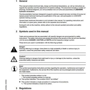 May include: A white document titled "Preface" from a servicemanual. The document contains technical data, functional descriptions, and safety instructions for LIEBHERR hydraulic excavators. Includes warning symbols and regulations. Copyright LIEBHERR.