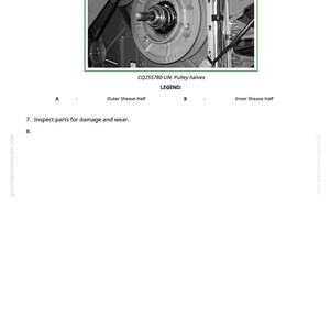 May include: Diagram of pulley halves, labeled A and B, with the text "CQ255780-UN: Pulley halves." The diagram includes the text "Outer Sheave Half" and "Inner Sheave Half." The image also includes the text "Inspect parts for damage and wear."
