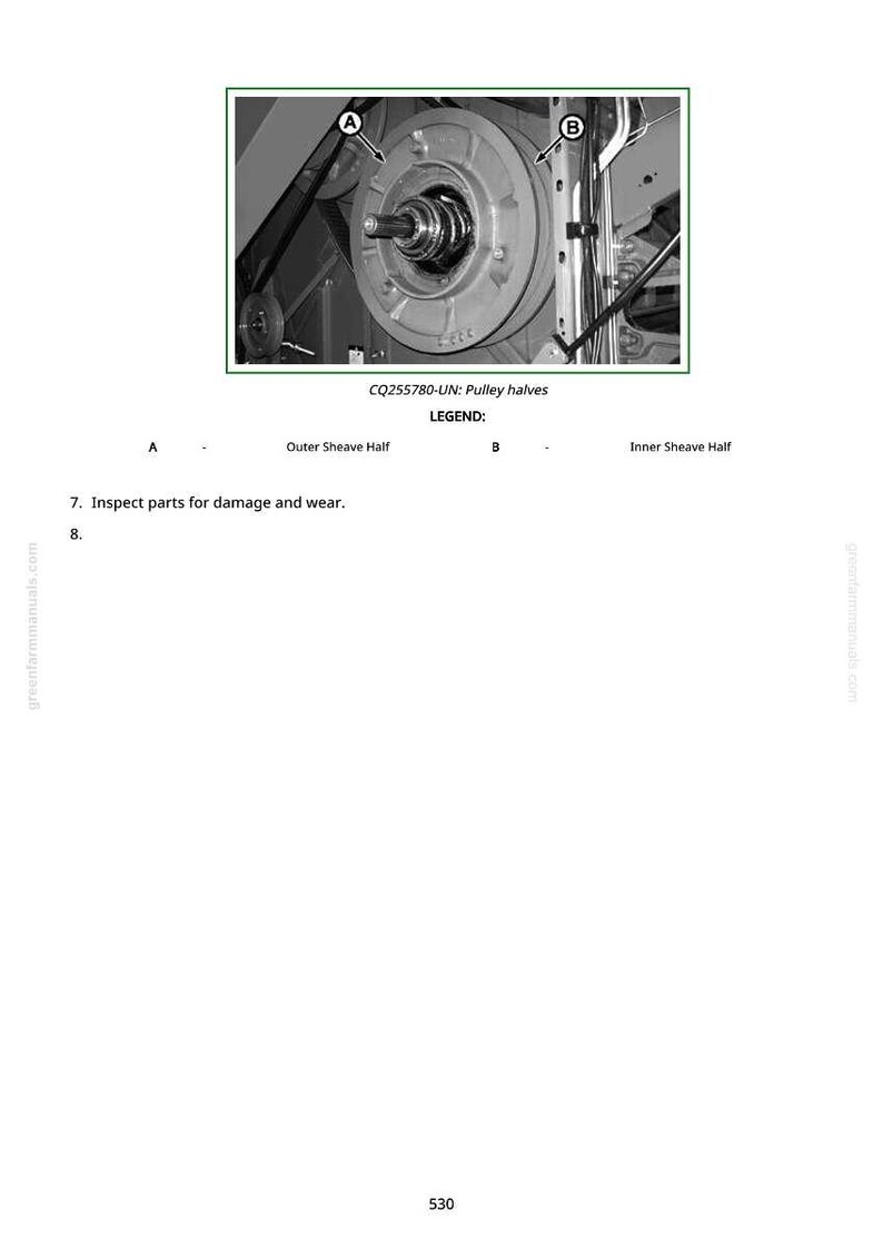 May include: Diagram of pulley halves, labeled A and B, with the text "CQ255780-UN: Pulley halves." The diagram includes the text "Outer Sheave Half" and "Inner Sheave Half." The image also includes the text "Inspect parts for damage and wear."