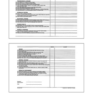 Op de afbeelding: Een zwart-wit checklist met secties voor Spreider/Hakselaar, Transmissie & Remmen, Hydraulisch Systeem, Elektrisch Systeem, Kettingen & Riemen, Wielen & Besturing, Motor, Algemene Machine en Bedienomgeving. Met controle- en commentaarvelden.