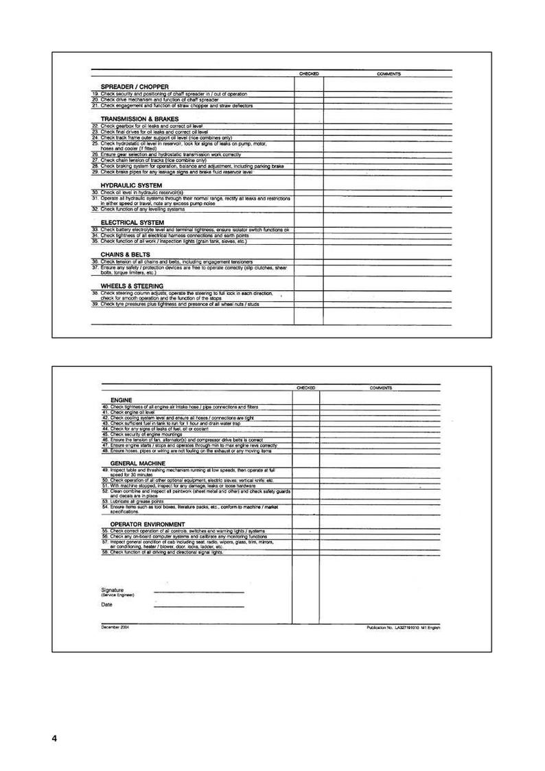Op de afbeelding: Een zwart-wit checklist met secties voor Spreider/Hakselaar, Transmissie & Remmen, Hydraulisch Systeem, Elektrisch Systeem, Kettingen & Riemen, Wielen & Besturing, Motor, Algemene Machine en Bedienomgeving. Met controle- en commentaarvelden.