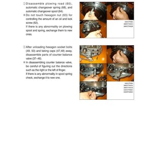 May include: Diagrams and photographs illustrating the disassembly of a valve casing sub, plowing road, and counter balance valve. The images show various steps and components, including bolts, springs, and spools. Text instructions accompany the images.