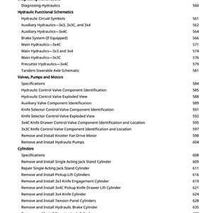 Puede incluir: Un &iacute;ndice detallado de un manual, con una lista de componentes mec&aacute;nicos y sus n&uacute;meros de p&aacute;gina. El texto incluye t&eacute;rminos como "V&aacute;lvula de control hidr&aacute;ulico", "Cilindros" y "Sistema de frenos".