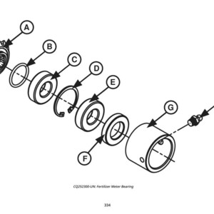 May include: An exploded diagram of a fertilizer meter bearing assembly. The black and white illustration shows various components labeled A through H, including gears, rings, and a cylindrical housing. The text "CQ252300-UN: Fertilizer Meter Bearing" is at the bottom.