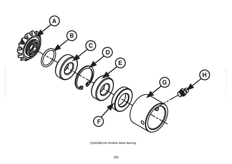 May include: An exploded diagram of a fertilizer meter bearing assembly. The black and white illustration shows various components labeled A through H, including gears, rings, and a cylindrical housing. The text "CQ252300-UN: Fertilizer Meter Bearing" is at the bottom.