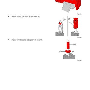 Puede incluir: Diagrama de componentes mec&aacute;nicos, que incluye un resorte rojo, una tuerca y un disco. El diagrama est&aacute; numerado e incluye el texto "M&Eacute;THODE D'INTERVENTION". La imagen es una ilustraci&oacute;n t&eacute;cnica.