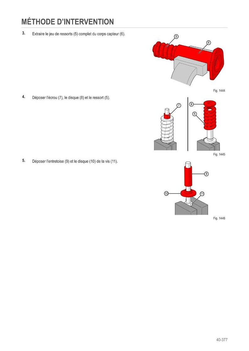 Puede incluir: Diagrama de componentes mec&aacute;nicos, que incluye un resorte rojo, una tuerca y un disco. El diagrama est&aacute; numerado e incluye el texto "M&Eacute;THODE D'INTERVENTION". La imagen es una ilustraci&oacute;n t&eacute;cnica.