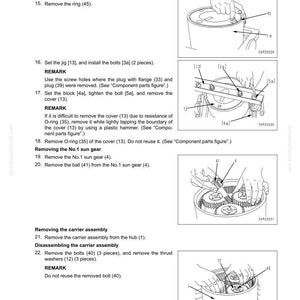 Pode incluir: Diagrama de desmontagem e montagem de um sistema de transmiss&atilde;o. A imagem detalha etapas como a remo&ccedil;&atilde;o da tampa, a configura&ccedil;&atilde;o de gabaritos, a remo&ccedil;&atilde;o de parafusos e a desmontagem do conjunto do suporte. Texto e etiquetas inclu&iacute;dos.