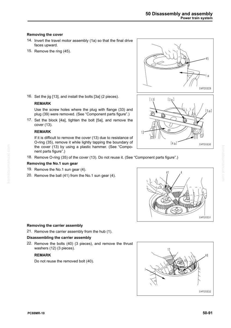 Pode incluir: Diagrama de desmontagem e montagem de um sistema de transmiss&atilde;o. A imagem detalha etapas como a remo&ccedil;&atilde;o da tampa, a configura&ccedil;&atilde;o de gabaritos, a remo&ccedil;&atilde;o de parafusos e a desmontagem do conjunto do suporte. Texto e etiquetas inclu&iacute;dos.