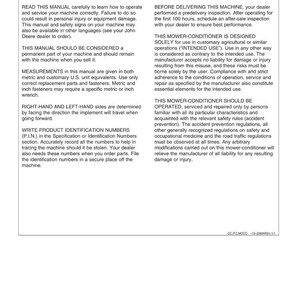 May include: A printed manual page titled "Introduction" with text about machine operation, safety, and maintenance. Includes sections on measurements, product identification numbers, and intended use. The manual is for a mower-conditioner.