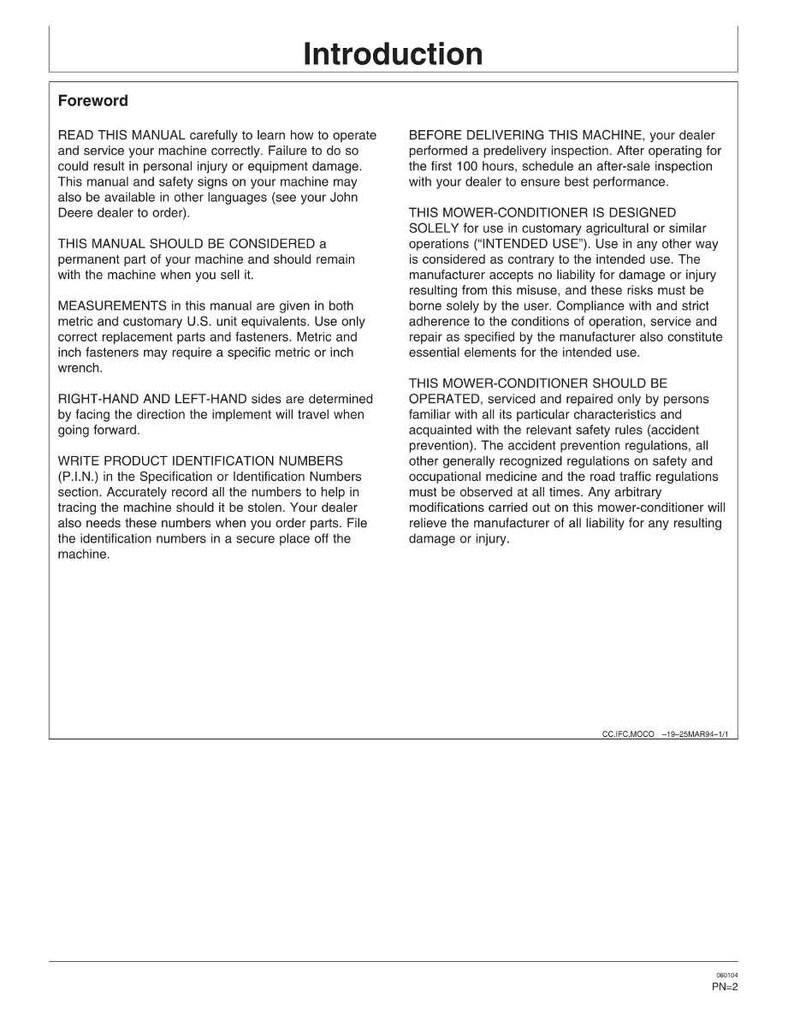 May include: A printed manual page titled "Introduction" with text about machine operation, safety, and maintenance. Includes sections on measurements, product identification numbers, and intended use. The manual is for a mower-conditioner.