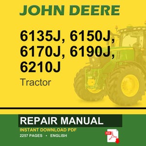 Op de afbeelding: Een John Deere reparatiehandleiding omslag met een groene tractor op een gele achtergrond. De tekst bevat "JOHN DEERE" en de tractormodelnummers 6135J, 6150J, 6170J, 6190J en 6210J. De onderste sectie luidt "REPARATIEHANDLEIDING".