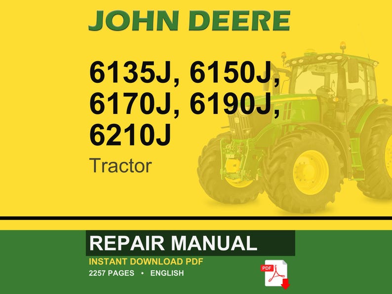 Op de afbeelding: Een John Deere reparatiehandleiding omslag met een groene tractor op een gele achtergrond. De tekst bevat "JOHN DEERE" en de tractormodelnummers 6135J, 6150J, 6170J, 6190J en 6210J. De onderste sectie luidt "REPARATIEHANDLEIDING".