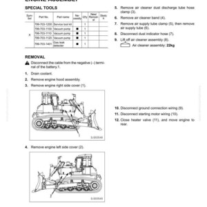 May include: Diagram of engine assembly removal and installation, with a table of special tools and numbered steps. Includes illustrations of heavy machinery and text instructions for disassembly.