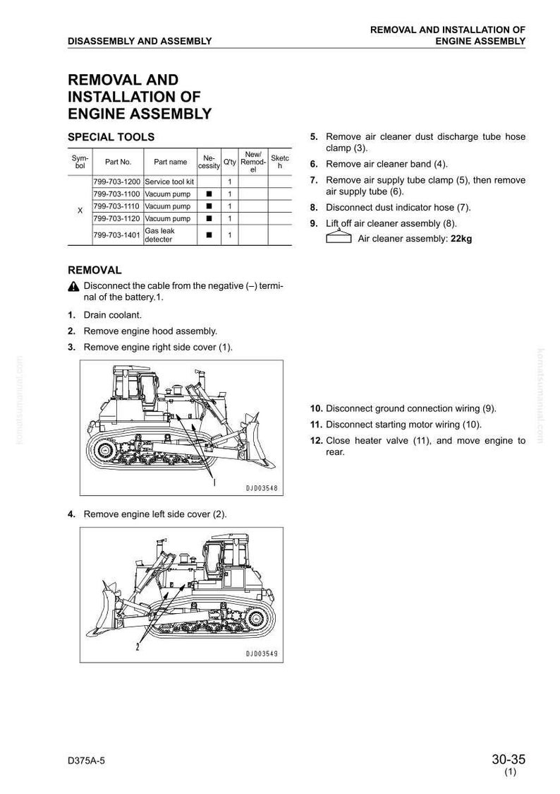 May include: Diagram of engine assembly removal and installation, with a table of special tools and numbered steps. Includes illustrations of heavy machinery and text instructions for disassembly.