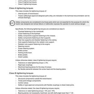 Op de afbeelding: Een technisch document van Argo Tractors met details over de aanhaalmomenten voor tractoronderdelen. Het document categoriseert de aanhaalmomenten in klassen A, B en C, met specifieke voorbeelden voor elke klasse. Bevat veiligheidsinformatie en tolerantieniveaus.