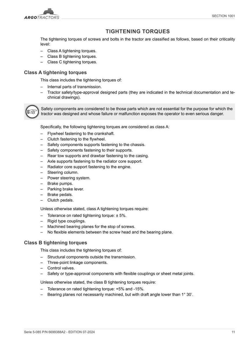 Op de afbeelding: Een technisch document van Argo Tractors met details over de aanhaalmomenten voor tractoronderdelen. Het document categoriseert de aanhaalmomenten in klassen A, B en C, met specifieke voorbeelden voor elke klasse. Bevat veiligheidsinformatie en tolerantieniveaus.
