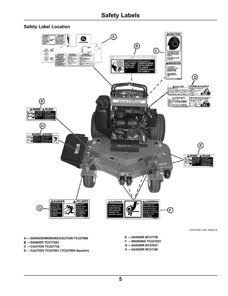 May include: Diagram of a John Deere riding mower with safety labels. The labels include warnings and cautions in English and Spanish, with symbols indicating potential hazards and safety instructions. The mower is shown from a top-down perspective.