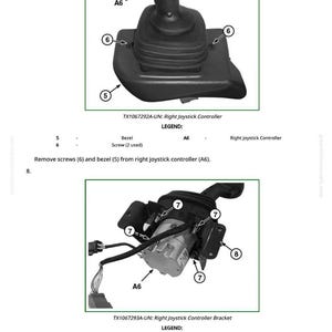 Może przedstawiać: Schematy techniczne prawego kontrolera joysticka i wspornika, z etykietami i instrukcjami. Obrazy są czarno-białe, pokazujące komponenty i ich układ. Tekst zawiera numery części i opisy.
