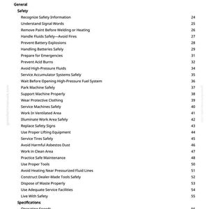 Op de afbeelding: Een gedrukte pagina met de titel "Inhoudsopgave" uit een handleiding. De tabel bevat veiligheidsonderwerpen zoals "Voorkom batterijexplosies" en "Vermijd hogedrukvloeistoffen". De pagina is wit met zwarte tekst.