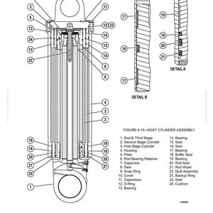 May include: Technical diagram of a hoist cylinder assembly, labeled with part numbers and names. The diagram includes detailed cross-sections, illustrating components like bearings, seals, and cylinders. The image is a black and white technical drawing.