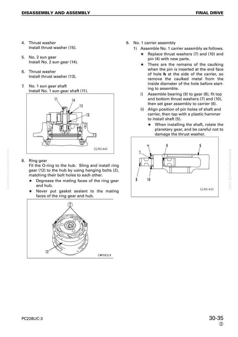 May include: Diagram from a manual showing the disassembly and assembly of a final drive. The image includes detailed illustrations of components like thrust washers, sun gears, and ring gears, with numbered labels and instructions.