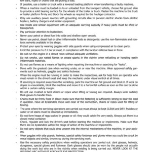 May include: A safety information document titled "SECTION 100 - GENERAL INFORMATION". The text, in black, provides guidelines for machinery operation, maintenance, and welding. It details safety precautions, including the use of protective equipment and procedures to prevent accidents.