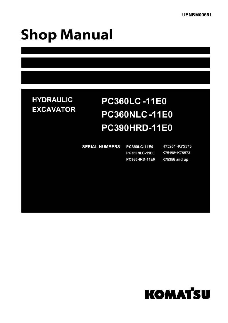 May include: A black and white shop manual with the text "Shop Manual" at the top. The manual lists hydraulic excavator models PC360LC-11E0, PC360NLC-11E0, and PC390HRD-11E0, along with serial number ranges. The Komatsu logo is at the bottom.