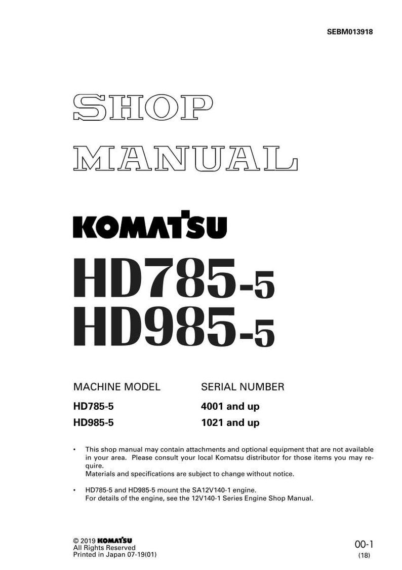 Peut inclure: Manuel d'atelier pour les machines Komatsu HD785-5 et HD985-5. La couverture pr&eacute;sente le logo Komatsu et les num&eacute;ros de mod&egrave;le en texte noir gras. Inclut les informations sur le mod&egrave;le de machine et le num&eacute;ro de s&eacute;rie. Imprim&eacute; au Japon.