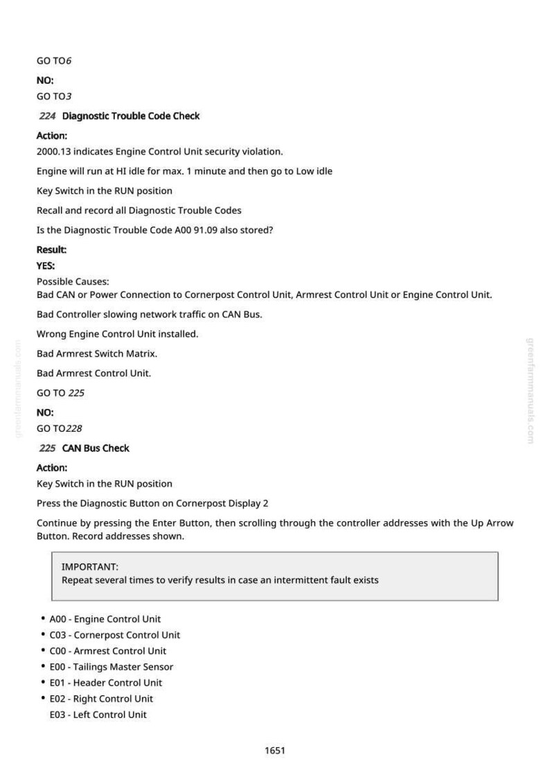 May include: A white document with black text detailing diagnostic trouble codes, including engine control unit checks and CAN bus checks. The document provides instructions and possible causes for various issues, with a list of control units.