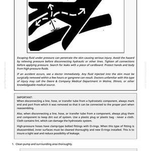 May include: A safety manual page with a warning symbol and instructions. The image includes a diagram of fluid flow and text about preventing injury from high-pressure fluids. It also provides important safety tips for hydraulic systems.