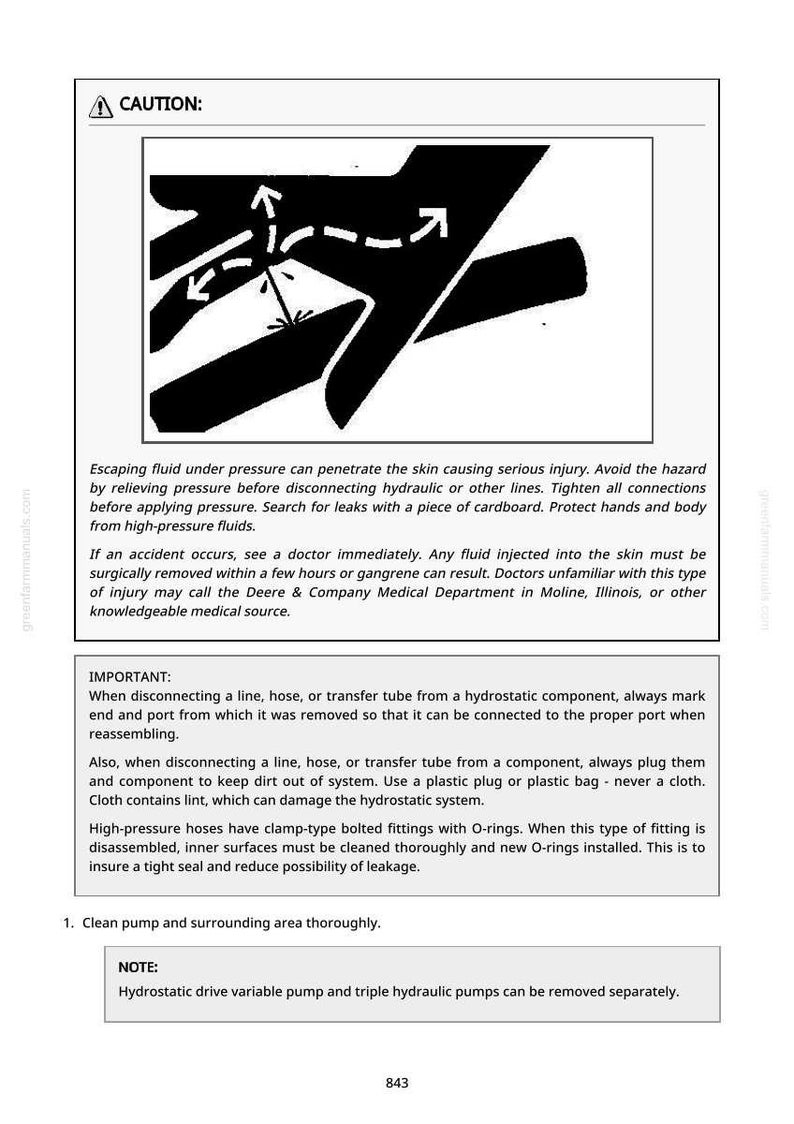 May include: A safety manual page with a warning symbol and instructions. The image includes a diagram of fluid flow and text about preventing injury from high-pressure fluids. It also provides important safety tips for hydraulic systems.