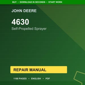 Może przedstawiać: Cyfrowa instrukcja naprawy dla samobieżnego opryskiwacza John Deere 4630. Okładka jest zielona z białym tekstem, w tym numer modelu i słowa "Instrukcja naprawy". Instrukcja ma 1188 stron i jest w języku angielskim.