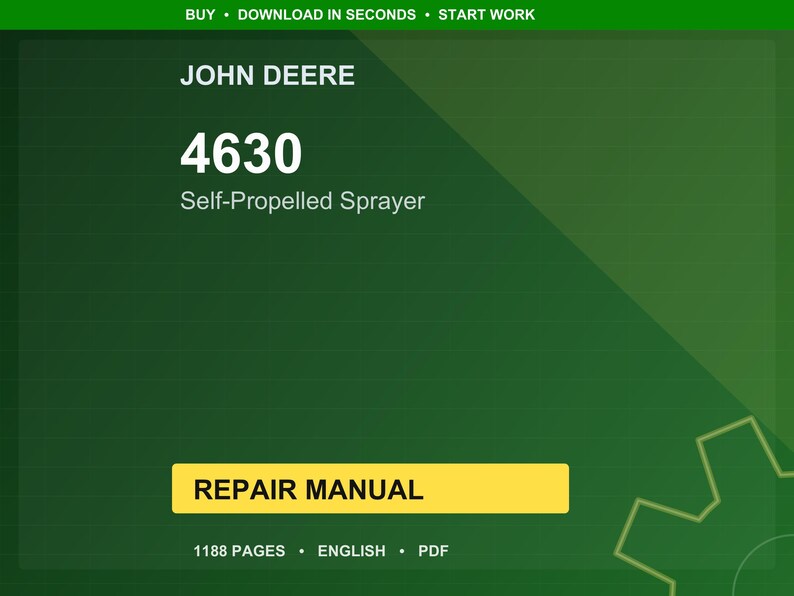 Może przedstawiać: Cyfrowa instrukcja naprawy dla samobieżnego opryskiwacza John Deere 4630. Okładka jest zielona z białym tekstem, w tym numer modelu i słowa "Instrukcja naprawy". Instrukcja ma 1188 stron i jest w języku angielskim.