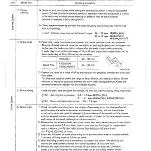 May include: A page from a vehicle maintenance manual, detailing procedures for checking and adjusting steering and brake systems. Includes diagrams and specifications for pedal play, clearances, and torque.