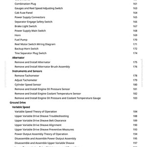 May include: A white page with a table of contents from a manual. The text includes "Electrical Components," "Alternator," "Instruments and Sensors," and "Ground Drive." Page numbers are listed on the right.