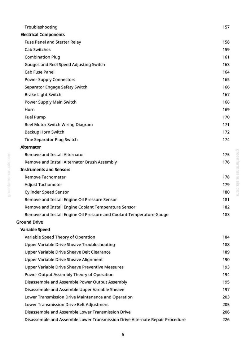May include: A white page with a table of contents from a manual. The text includes "Electrical Components," "Alternator," "Instruments and Sensors," and "Ground Drive." Page numbers are listed on the right.